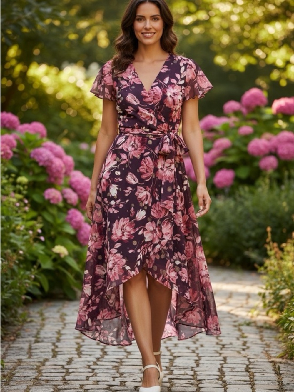 🫶🏻 R&M Richard’s Oetite Floral High-Low Dress in Plum Pink
